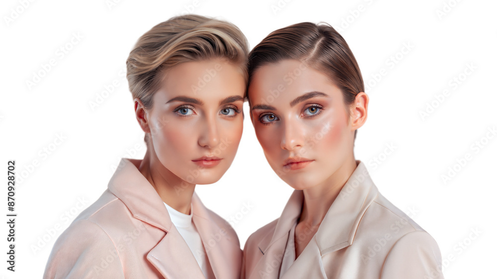 Two Young Women In Pink Blazers Looking At Camera Two Young Women In Pink Blazers Looking At Camera