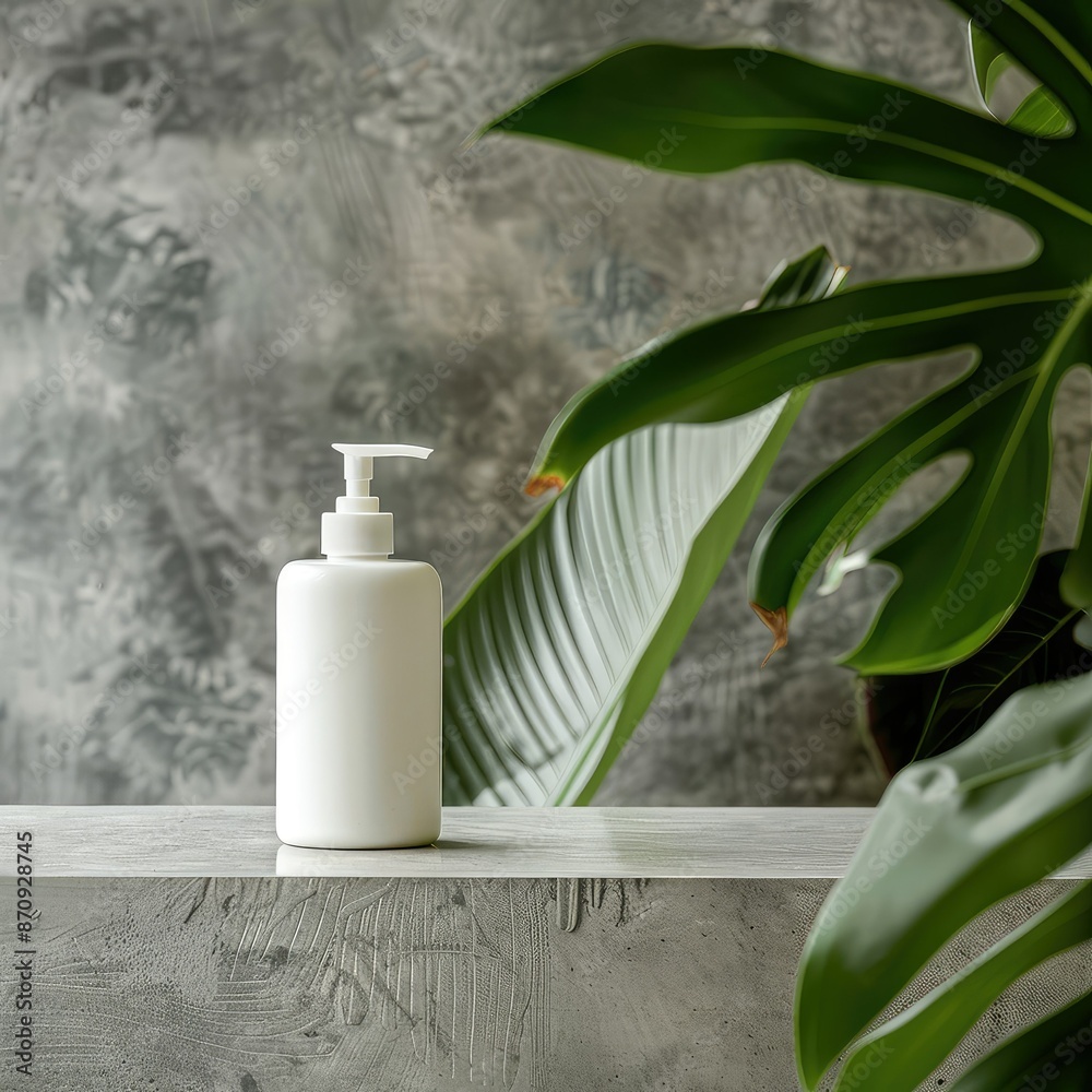 White plastic bottle with green leaf on concrete background. Natural skin care products. Spa and wellness concept. White plastic bottle with green leaf on concrete background. Natural skin care products. Spa and wellness concept.