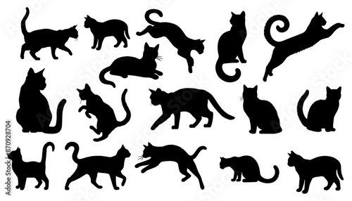 Vector illustration. Silhouettes of black cats. Set of animal stickers. Large set. 