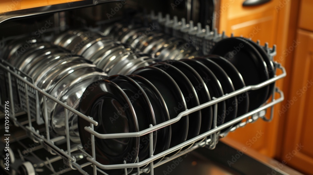 Modern Dishwasher With Clean Plates and Kitchenware Modern Dishwasher With Clean Plates and Kitchenware
