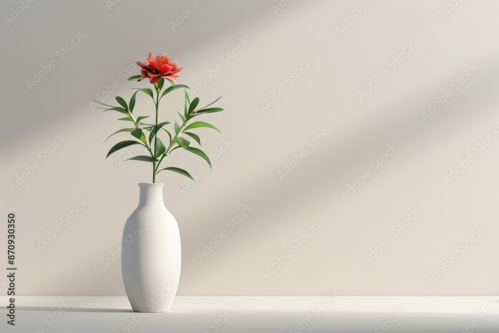 Minimalist vase with red flower and green leaves against sunlit neutral background Minimalist vase with red flower and green leaves against sunlit neutral background