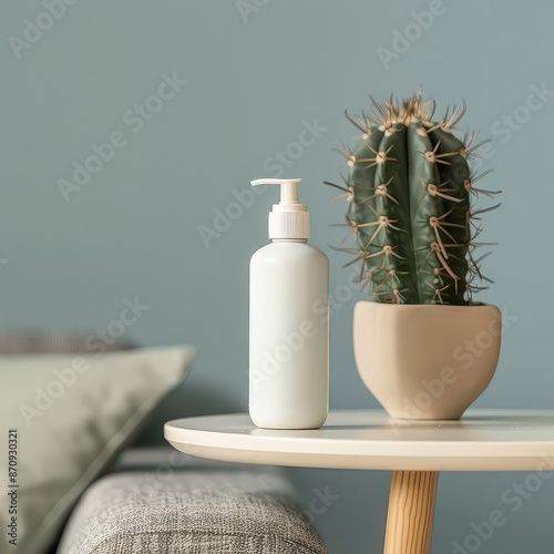 A stylish composition of a ceramic vase with a cactus and a white bottle with a dispenser on a round wooden table against the background of a blue wall and a sofa with gray pillows photo
