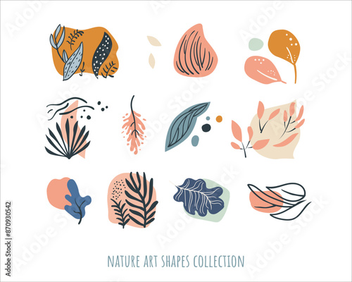 Abstract hand drawn floral shapes. Simple organic forms. Modern art simple elements. Trendy graphic plant doodles. Minimalist textured decorations. Vector eps 10