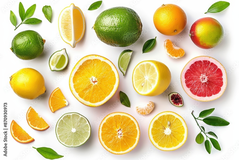 Fresh citrus fruits - oranges, lemons, limes, grapefruits on white background Fresh citrus fruits - oranges, lemons, limes, grapefruits on white background