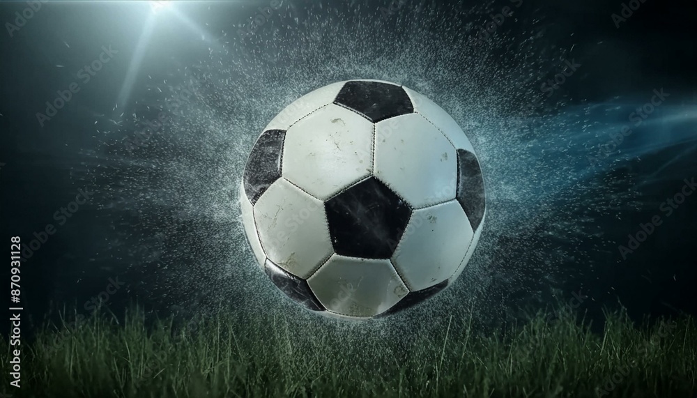 Naklejka premium Soccer Ball Background or Wallpaper - Soccerball image for Header or Promotional purpose - Soccerball with Special Effects in the Field of a Stadium - Championship, League or Cup
