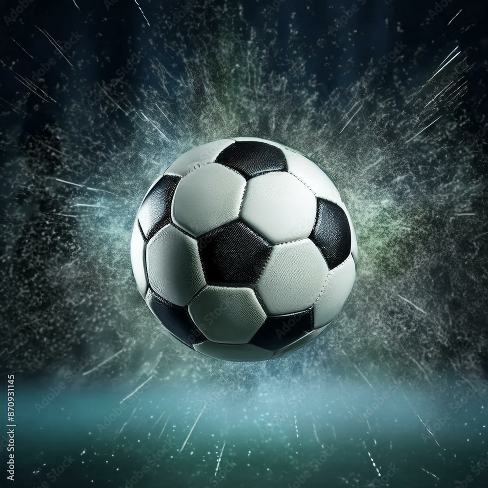 Naklejka premium Soccer Ball Background or Wallpaper - Soccerball image for Header or Promotional purpose - Soccerball with Special Effects in the Field of a Stadium - Championship, League or Cup