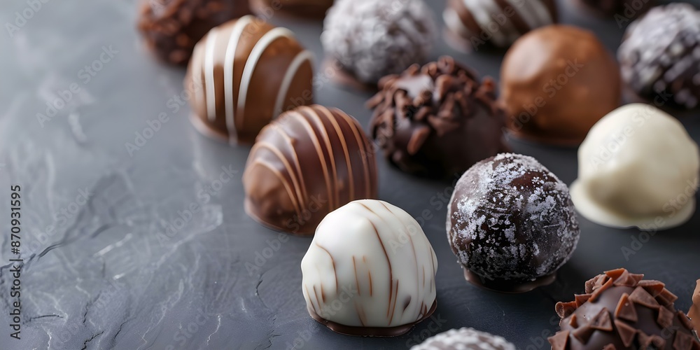 Celebrate World Chocolate Day with a Variety of Dark Chocolate Truffles. Concept Chocolate Recipes, World Chocolate Day, Dark Chocolate Truffles, Dessert Ideas, Chocolate Truffle Making Celebrate World Chocolate Day with a Variety of Dark Chocolate Truffles. Concept Chocolate Recipes, World Chocolate Day, Dark Chocolate Truffles, Dessert Ideas, Chocolate Truffle Making