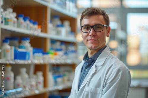 male pharmacist in lab coat on blured background. ai generative