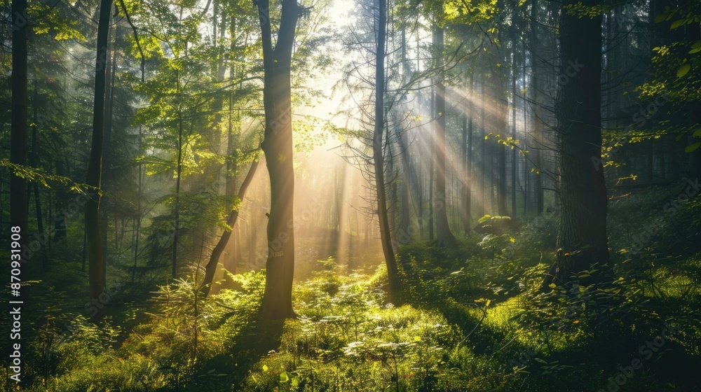 Obraz premium Lush green forest with sun rays streaming through the trees focus on natural serenity vibrant Multilayer woodland backdrop