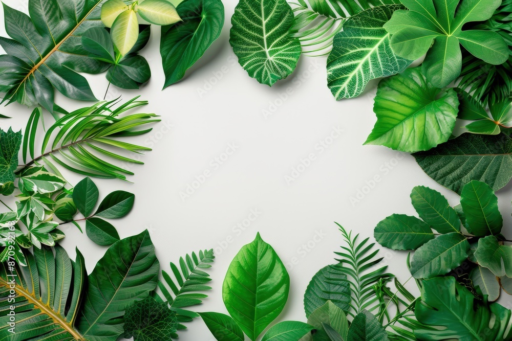 Fototapeta premium Lush green tropical leaves framing white background, ideal for botanical and nature-themed designs