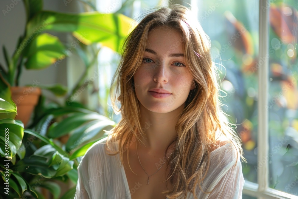woman portrait with natural light streaming through a large window, colorful plants in the background. ai generative woman portrait with natural light streaming through a large window, colorful plants in the background. ai generative