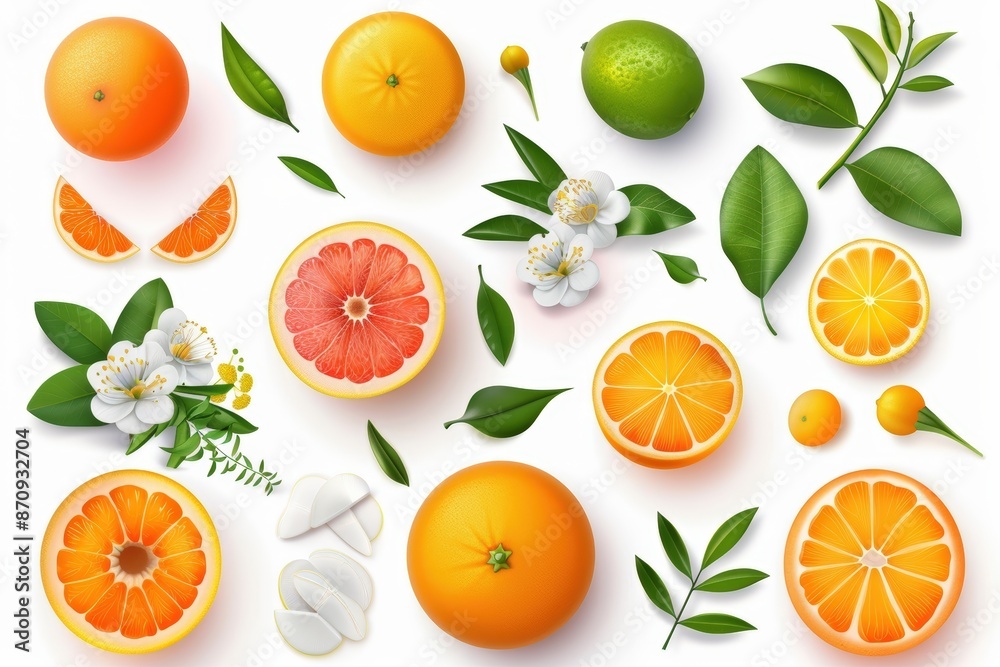 Fresh citrus fruits and blossoms on white background with vibrant oranges, grapefruits, and limes Fresh citrus fruits and blossoms on white background with vibrant oranges, grapefruits, and limes