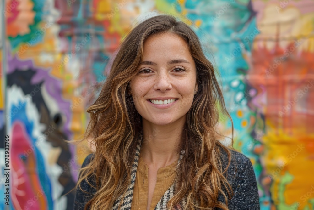 woman smiling warmly, standing in front of a colorful abstract mural. ai generative woman smiling warmly, standing in front of a colorful abstract mural. ai generative