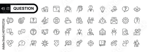 Simple set of question related vector line icons. Question mark, surprised man, dialog, search for answers. Editable stroke. 