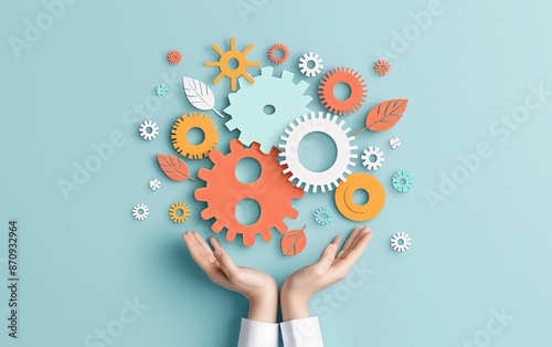 Minimalist photo of gears and puzzle pieces, concept illustration of teamwork and efficiency in the office