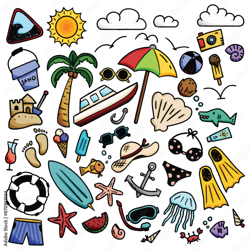 Fototapeta premium A colorful assortment of beach-themed doodles, including items like a sun, palm tree, boat, sunglasses, and various sea creatures. This vector image is perfect for summer and vacation designs.