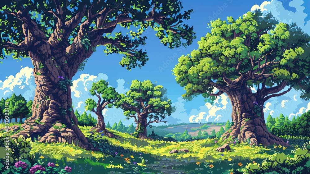 Beautiful animated landscape with large trees and blue sky, creating a serene, peaceful environment perfect for nature-themed projects. Beautiful animated landscape with large trees and blue sky, creating a serene, peaceful environment perfect for nature-themed projects.