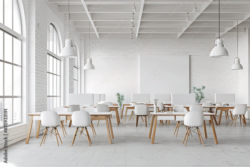 Modern office with desks and computers, white walls, gray ceiling beams, natural light from windows, panoramic view of the space Modern office with desks and computers, white walls, gray ceiling beams, natural light from windows, panoramic view of the space