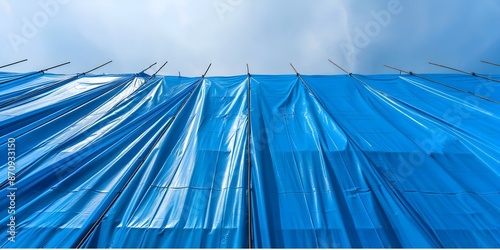 Blue tarpaulins for construction sites water repellent films and exterior coverings. Concept Waterproof Blue Tarps, Construction Site Protection, Exterior Coverings, Tarps for Rainy Weather photo