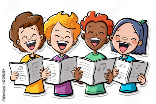 Illustration sticker of a group of happy kids singing in a choir. 