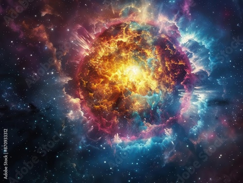 cosmic supernova explosion massive energy sphere impacting space vibrant colors and intricate details of stellar destruction