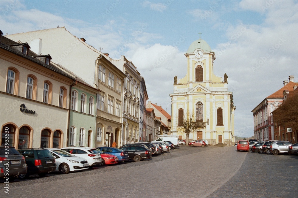 Fototapeta premium church in Ustek in Czechia on 25. March 2024 on color film - blurriness and noise of scanned 35mm film were intentionally left in image