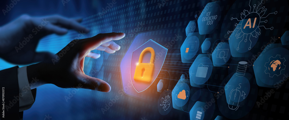 Business hands reach padlock icon virtual and AI generate IT security,Cyber security data protection information privacy internet technology powered by AI concept.
