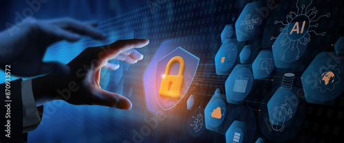 Obraz na płótnie Business hands reach padlock icon virtual and AI generate IT security,Cyber security data protection information privacy internet technology powered by AI concept. w salonie