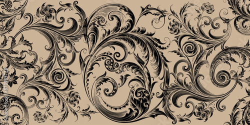 Trendy seamless vector background in Baroque style with botanical elements, for textiles, wallpapers, backgrounds, and packaging.