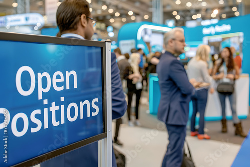 A professional image of a recruitment desk at a job fair with 