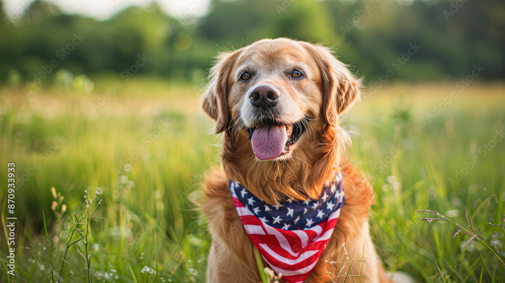 Happy Golden Retriever Celebrating 4th of July with US Flag Bandana under Blue Sky Happy Golden Retriever Celebrating 4th of July with US Flag Bandana under Blue Sky