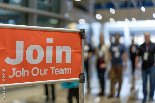 A bright and welcoming photo of a job fair with a banner that reads 
