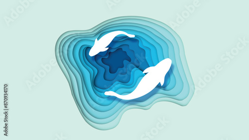 Papercut effect white fish in a blue pond illustration