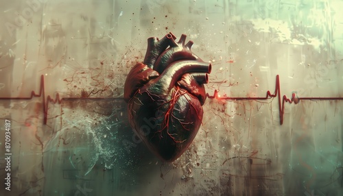 Realistic Anatomical Heart with Electrocardiogram Line and Abstract Background

