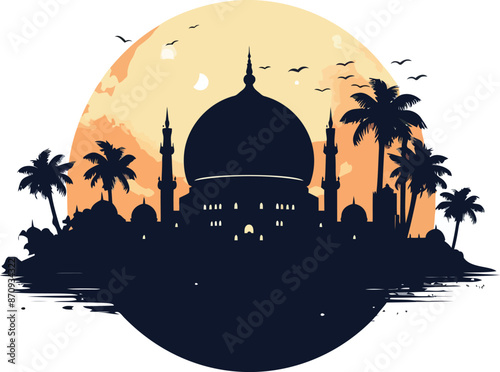 Silhouette of a mosque in the sunset vector illustration on a transparent background for print.