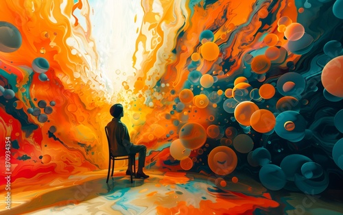 Immersed in a world of swirling orange and blue, a person sits in a chair, captivated by the surreal landscape of floating bubbles. 