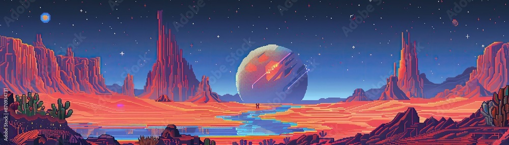 Vibrant alien landscape with a distant planet and rocky terrain by a river under a starry sky. A stunning sci-fi fantasy world illustration. Vibrant alien landscape with a distant planet and rocky terrain by a river under a starry sky. A stunning sci-fi fantasy world illustration.