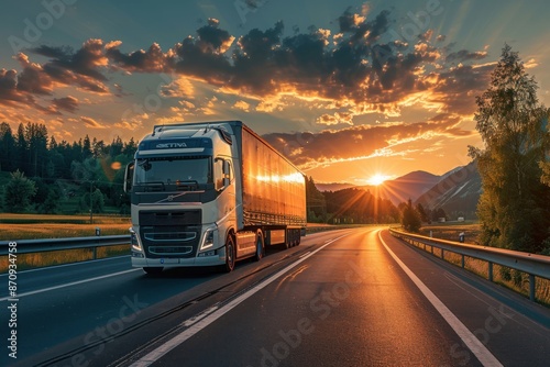 Road level view panorama of truck driving on the highway at sunset. ai generative © Ольга Лукьяненко