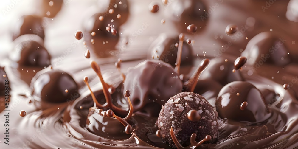 Chocolate truffle splashes into a pool of melted chocolate creating smaller balls. Concept Chocolate Truffle, Melted Chocolate, Balls, Splash, Dessert Chocolate truffle splashes into a pool of melted chocolate creating smaller balls. Concept Chocolate Truffle, Melted Chocolate, Balls, Splash, Dessert