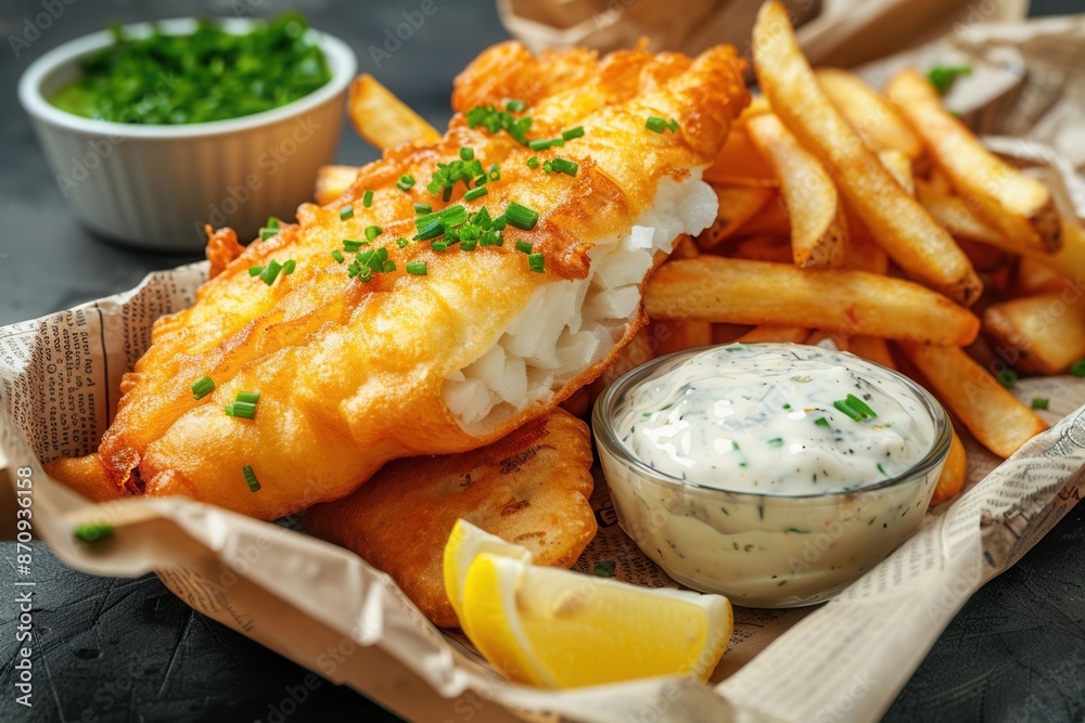 Fried fish and chips served in newspaper with malt vinegar and tartar sauce, British classic Fried fish and chips served in newspaper with malt vinegar and tartar sauce, British classic