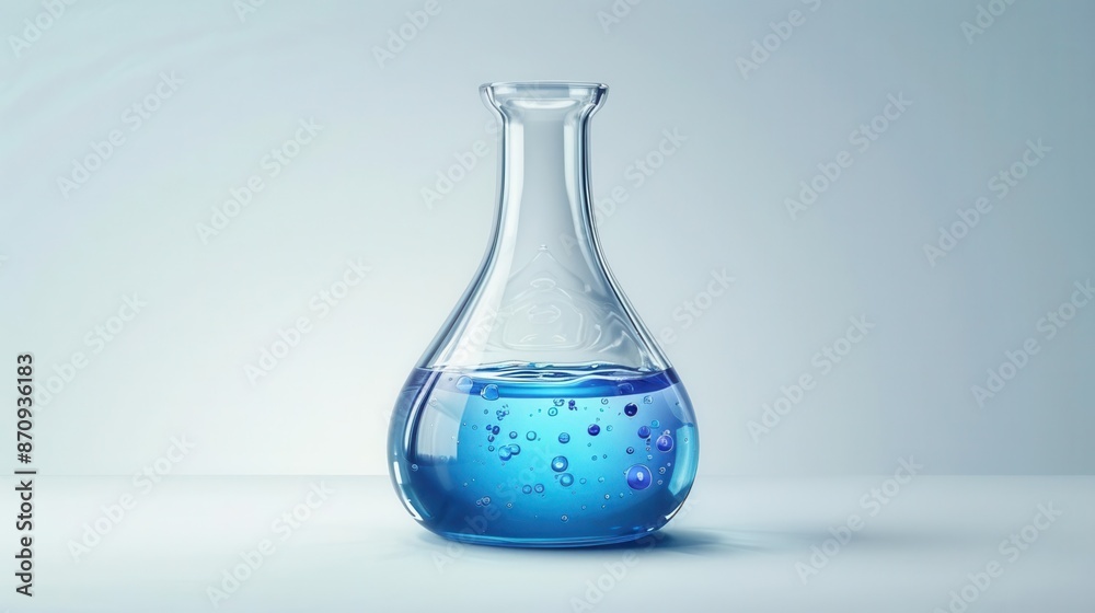 Laboratory flask, science experiment tool, detailed illustration, blue liquid, isolated on white background
