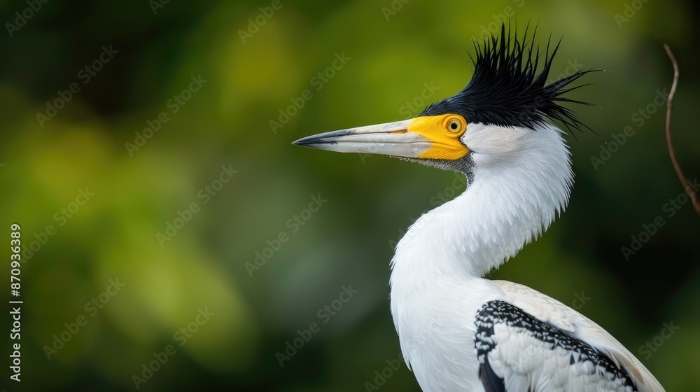 Bird with white and black feathers holding dignity with a yellow beak Background is blurry green Bird with white and black feathers holding dignity with a yellow beak Background is blurry green