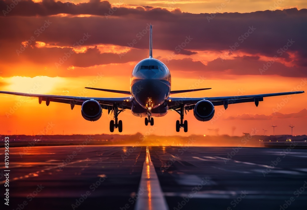 The image captures a moment of tranquility during the sunset, with a large commercial airplane preparing for landing at an airport The airplane, painted in white and blue, is equipped with two The image captures a moment of tranquility during the sunset, with a large commercial airplane preparing for landing at an airport The airplane, painted in white and blue, is equipped with two