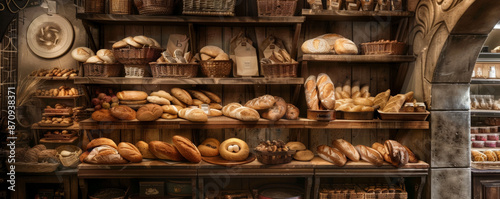 A cozy bakery corner with shelves filled with an assortment of freshly baked breads, from classic French baguettes to hearty multigrain loaves. Soft-focus elements and warm, ambient lighting create a