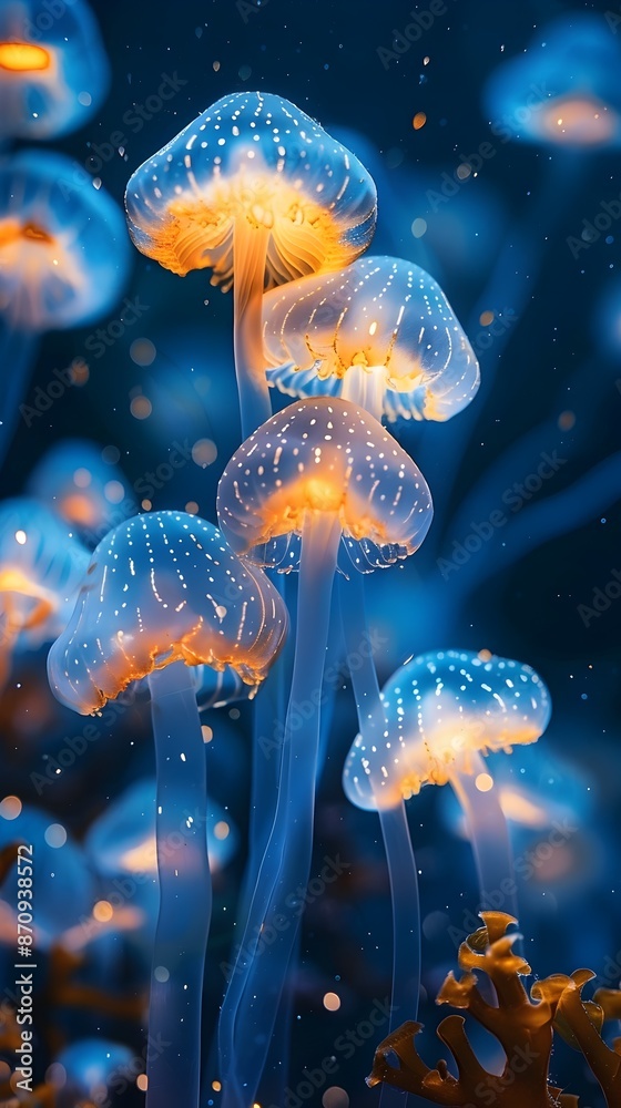 Naklejka premium Captivating Glow of Bioluminescent Creatures Lighting Up the Ocean Depths