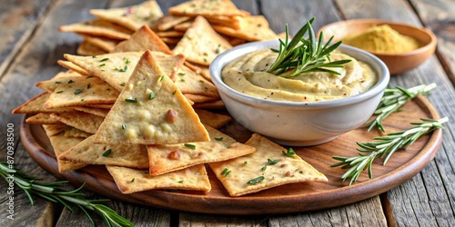 Rosemary hummus with pita chips on a wooden board.