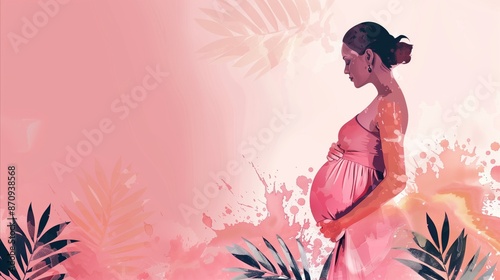 Happy pregnant woman holds her belly by hands and smiling, Pregnancy, motherhood, maternity. 
Conceptual banner with copy space for clinic website, card or advertise.
