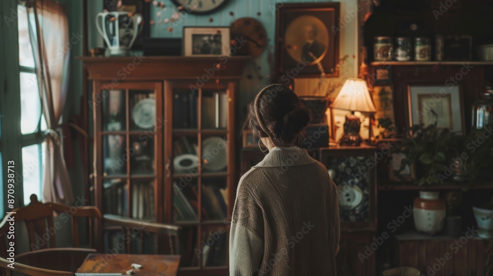 A person wearing retro clothing in a softly lit room with vintage decor, emphasizing texture and mood, with a copy space A person wearing retro clothing in a softly lit room with vintage decor, emphasizing texture and mood, with a copy space