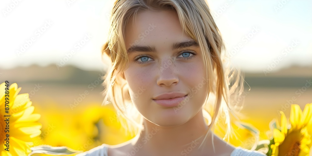 Blonde woman with blue eyes in sunflower field under the sun. Concept Outdoor Photoshoot, Sunflower Field, Blonde Woman, Blue Eyes, Natural Lighting Blonde woman with blue eyes in sunflower field under the sun. Concept Outdoor Photoshoot, Sunflower Field, Blonde Woman, Blue Eyes, Natural Lighting