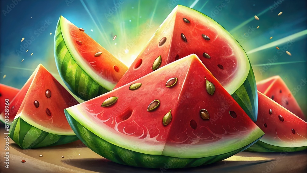 Fresh watermelon slices with a vibrant background.